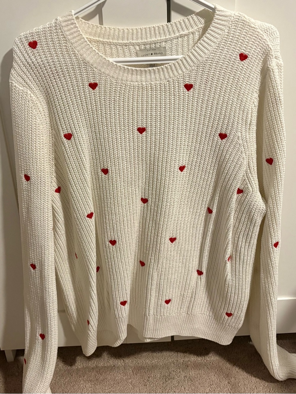 Lucky Brand Cream Crewneck Sweater with Red Heart Accents